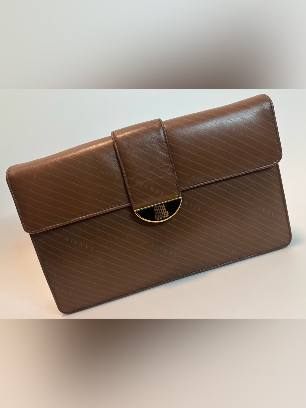 LANVIN ($1500+) Vintage Monogrammed Clutch in Tan Leather with Chain Strap